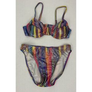 Vintage Sunrays Women's 9 Bikini Rainbow Foil Padded Pushup Bra High Cut Bottoms